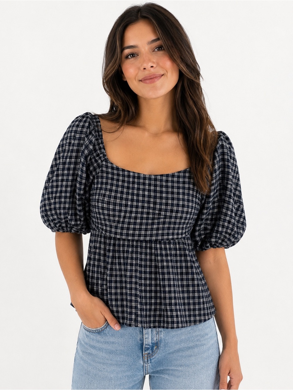 Endless Rose Navy Plaid Puff Sleeve Babydoll Top Women’s Size S Blue White